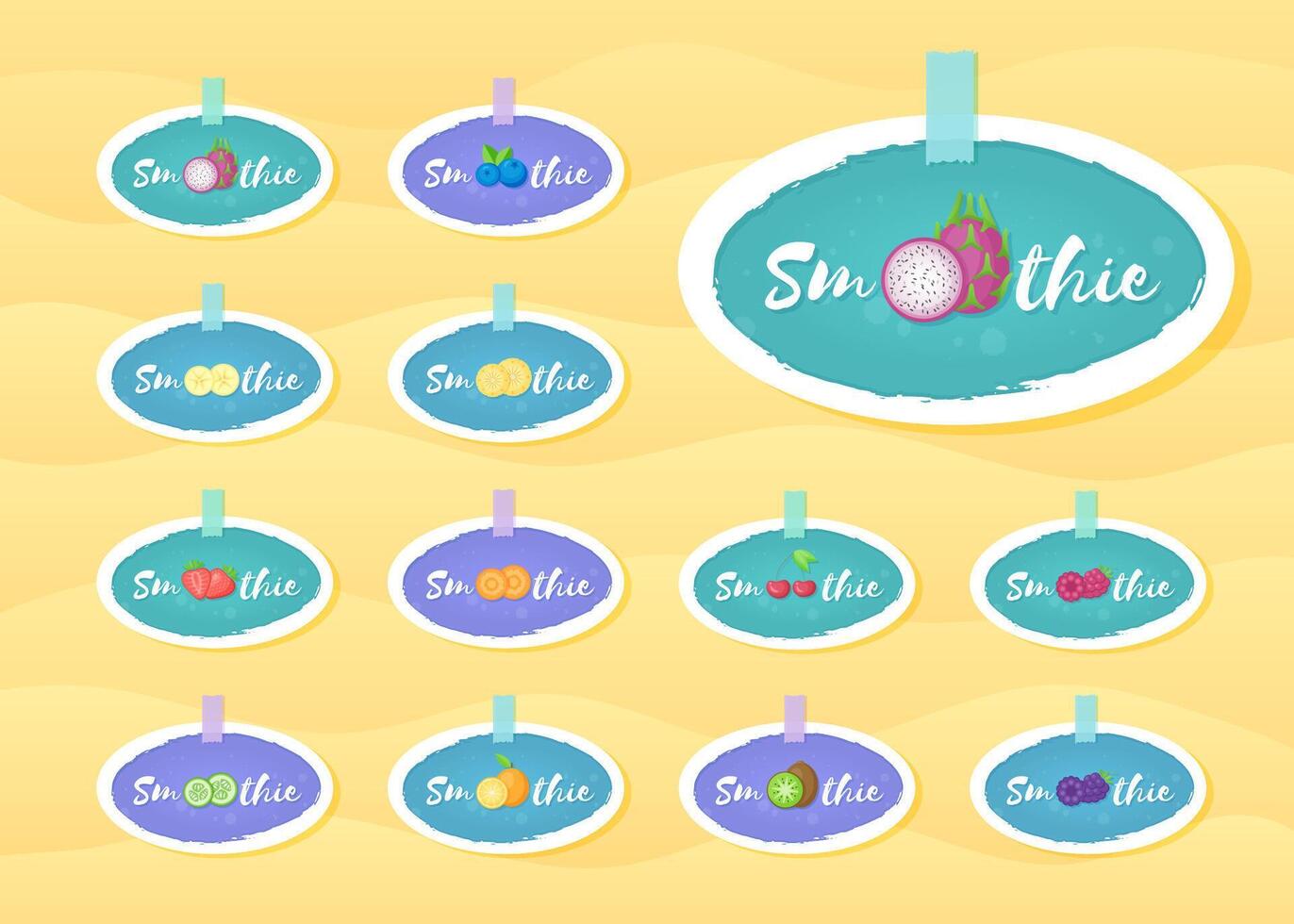 Smoothie fruit cocktail sticker set illustration. Fresh vegetarian smoothies drink label with hand drawn sign Smoothie with white frame for offer drawing sticker or store promotion art vector