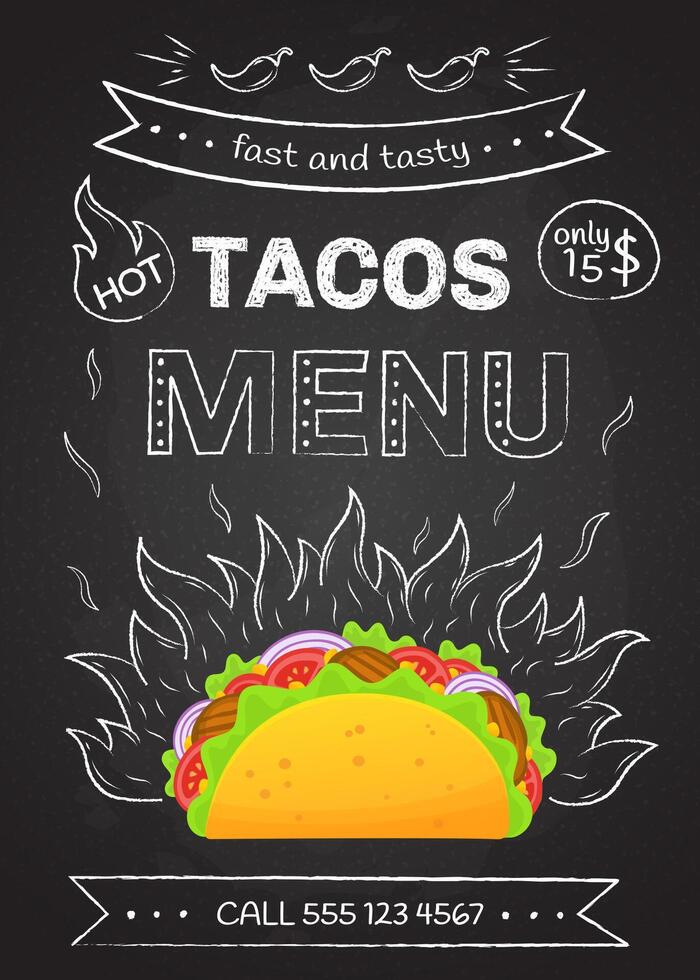 Mexican cuisine fastfood tacos menu illustration. Retro flame chalk hand draw design with tasty beef meat, salad and tomato in delicious taco with sign Hot Tacos Menu for cafe design or party vector