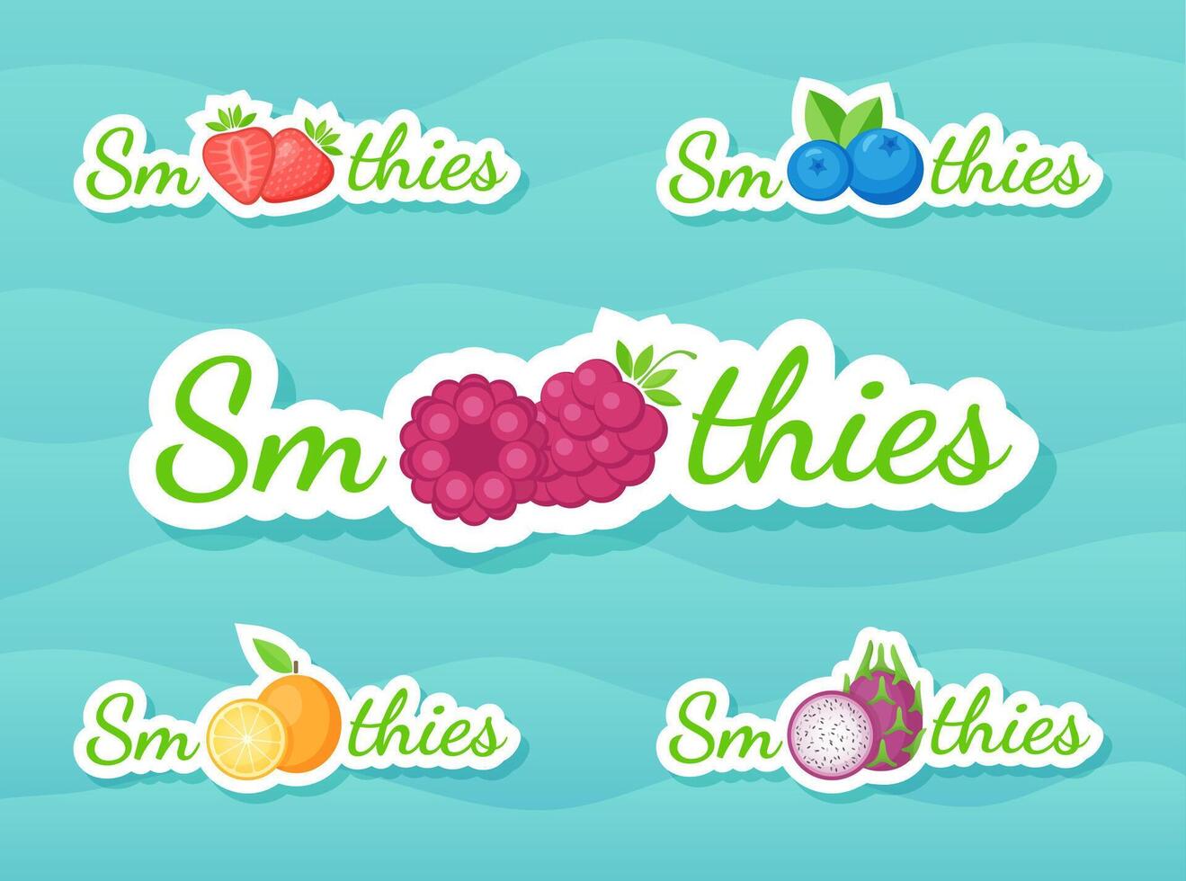 Fruit and berry smoothie drink label set illustration. Sign Smoothies on blue background on smoothie drink cocktail sticker for decoration shop label, promotion discount or sale offer banner vector