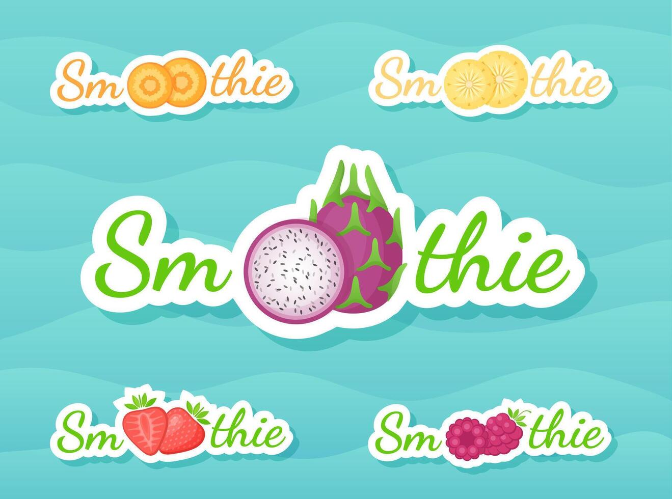 Slice fruit smoothie drink sticker logo set illustration. Fresh vegetarian smoothies drink sticker with fruits and tag Smoothie for decoration emblem, sale offer banner or promo graphic poster vector