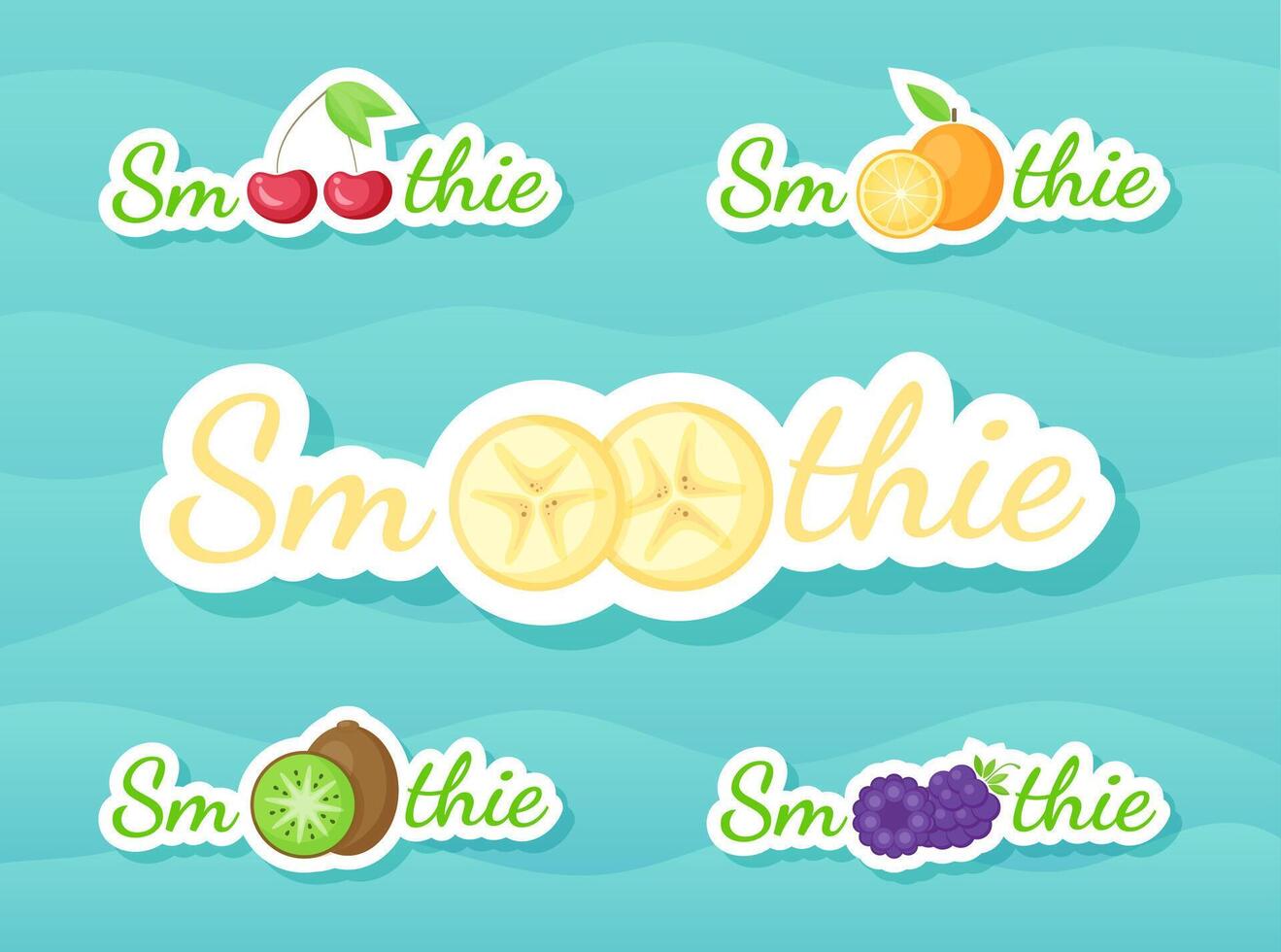 Berry and fruit smoothie drink sticker set illustration. Natural fruit with Smoothie sign in white frame at Fresh smoothies cocktail sticker for offer drawing sign or store promotion art vector