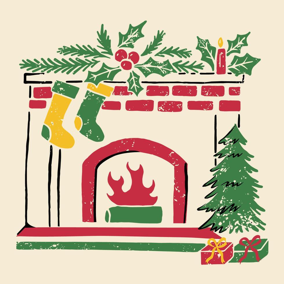 A cozy fireplace decorated for Christmas with stockings, holly, and a small tree, creating a warm ambiance. vector