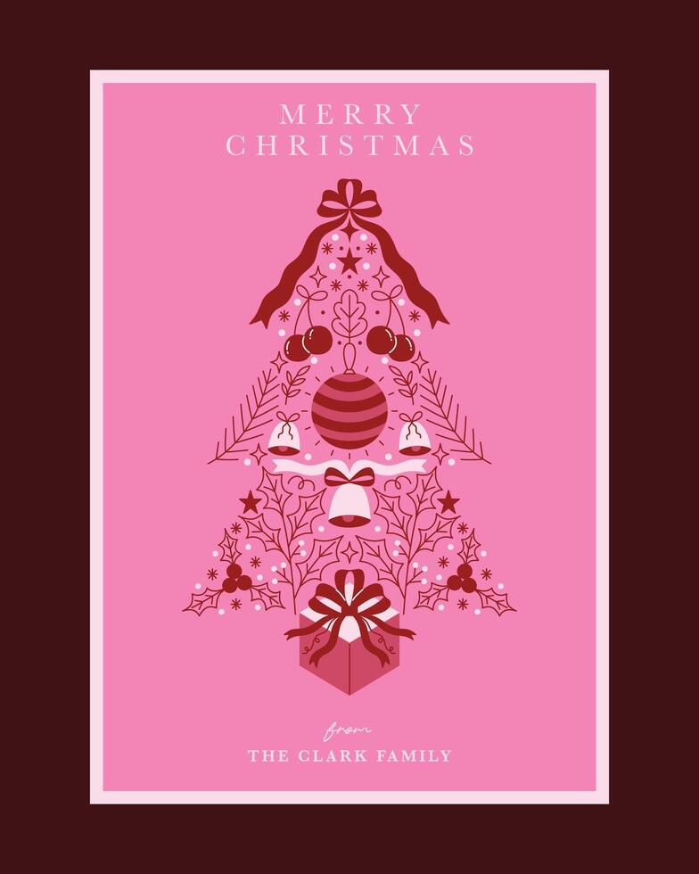 Christmas Greeting Card with Stylish Tree Illustration Featuring Ornaments, Holly, and Festive Elements on Pink Background vector