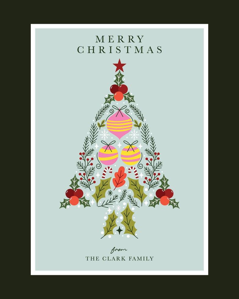 Christmas Greeting Card with Stylish Tree Illustration Featuring Ornaments, Holly, and Festive Elements on Soft Blue Background vector