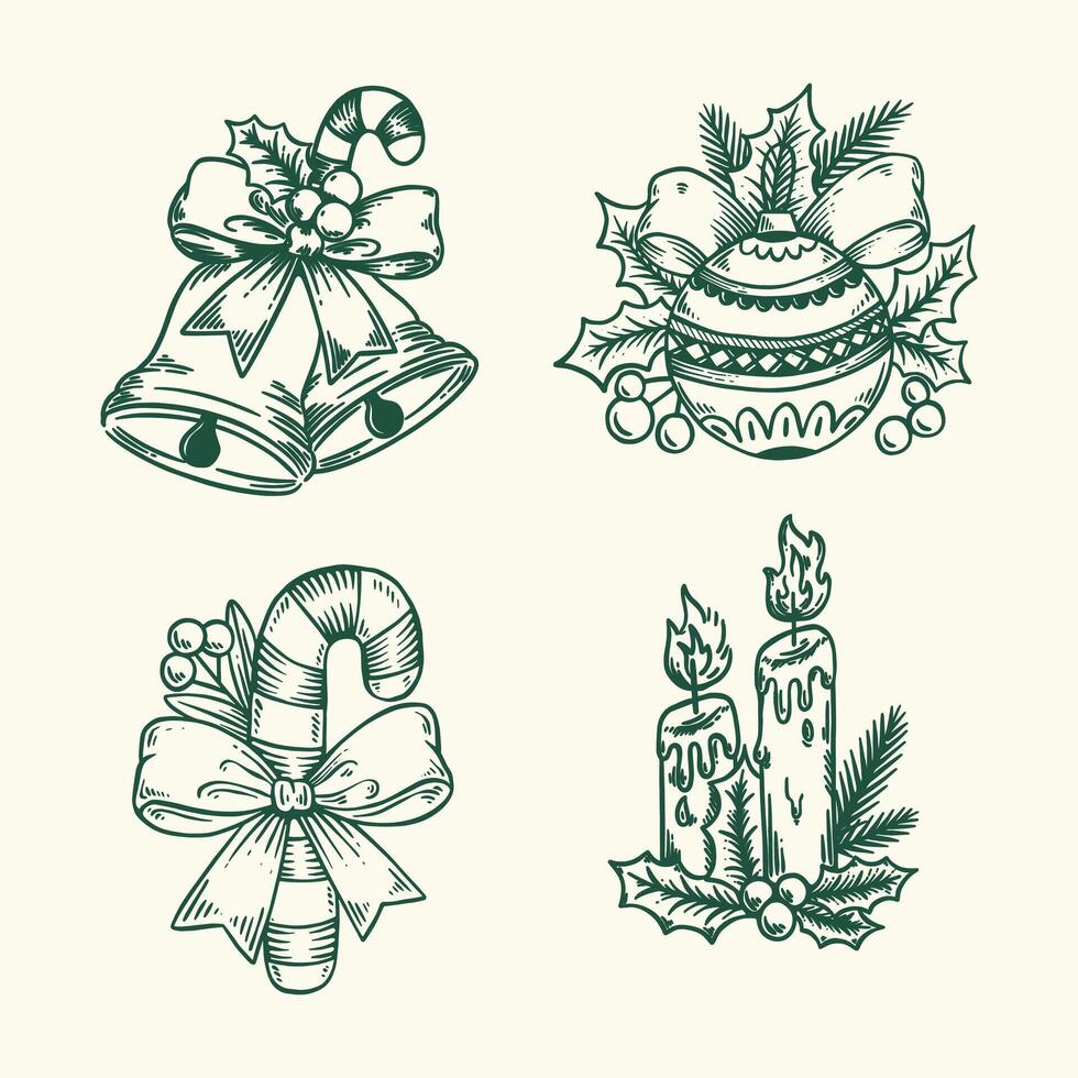 Hand-Drawn Vintage Christmas Icon Set in Sketch Style, Featuring Bells, Wreath, Snowman, Tree, and More vector