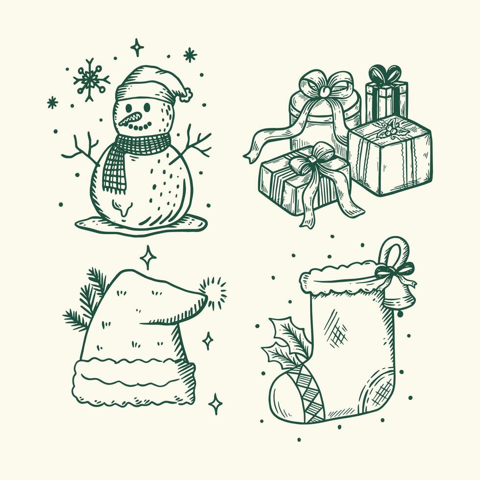 Hand-Drawn Vintage Christmas Icon Set in Sketch Style, Featuring Bells, Wreath, Snowman, Tree, and More vector