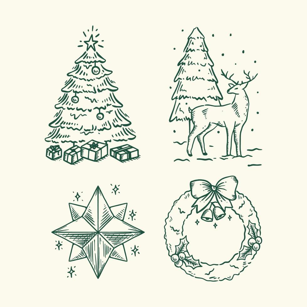 Hand-Drawn Vintage Christmas Icon Set in Sketch Style, Featuring Bells, Wreath, Snowman, Tree, and More vector
