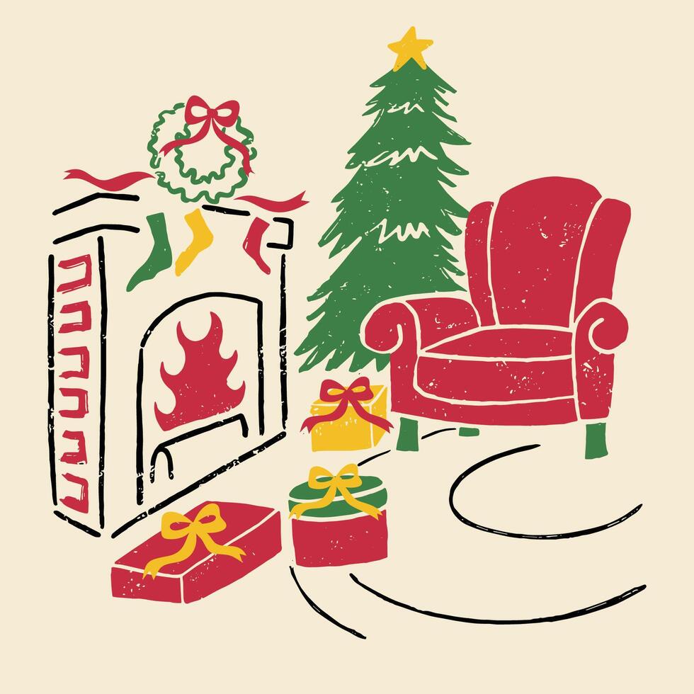 A cozy Christmas scene with a decorated fireplace, presents, a wreath, and a Christmas tree, creating holiday cheer. vector