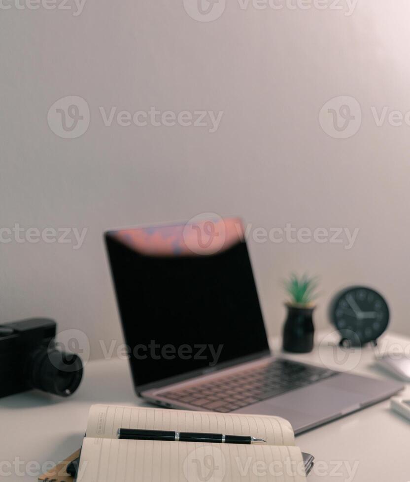 Remote work relies on technology, with employees using laptops and computers from home to communicate and conduct business online via network. comfortable, display, efficient, electronic, minimalist. photo