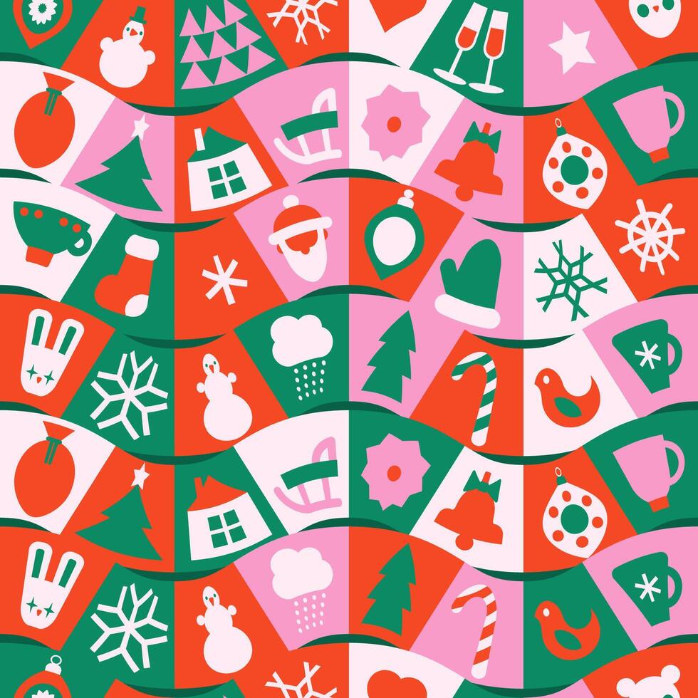 Merry Christmas checkered geometric wavy seamless pattern. Decorative mosaic elements, ornamental square tiles, minimal holiday icons. Flat illustration. Gift box packaging design. vector