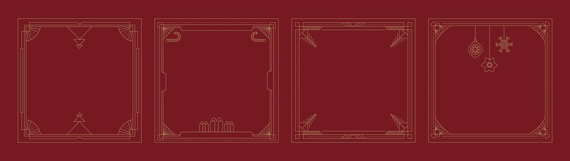 Festive Merry Christmas art deco square flames set. New Year invitation design. Geometric line art style. Elegant holiday greeting card with Christmas decor, gift box, balls, tree. Editable vector