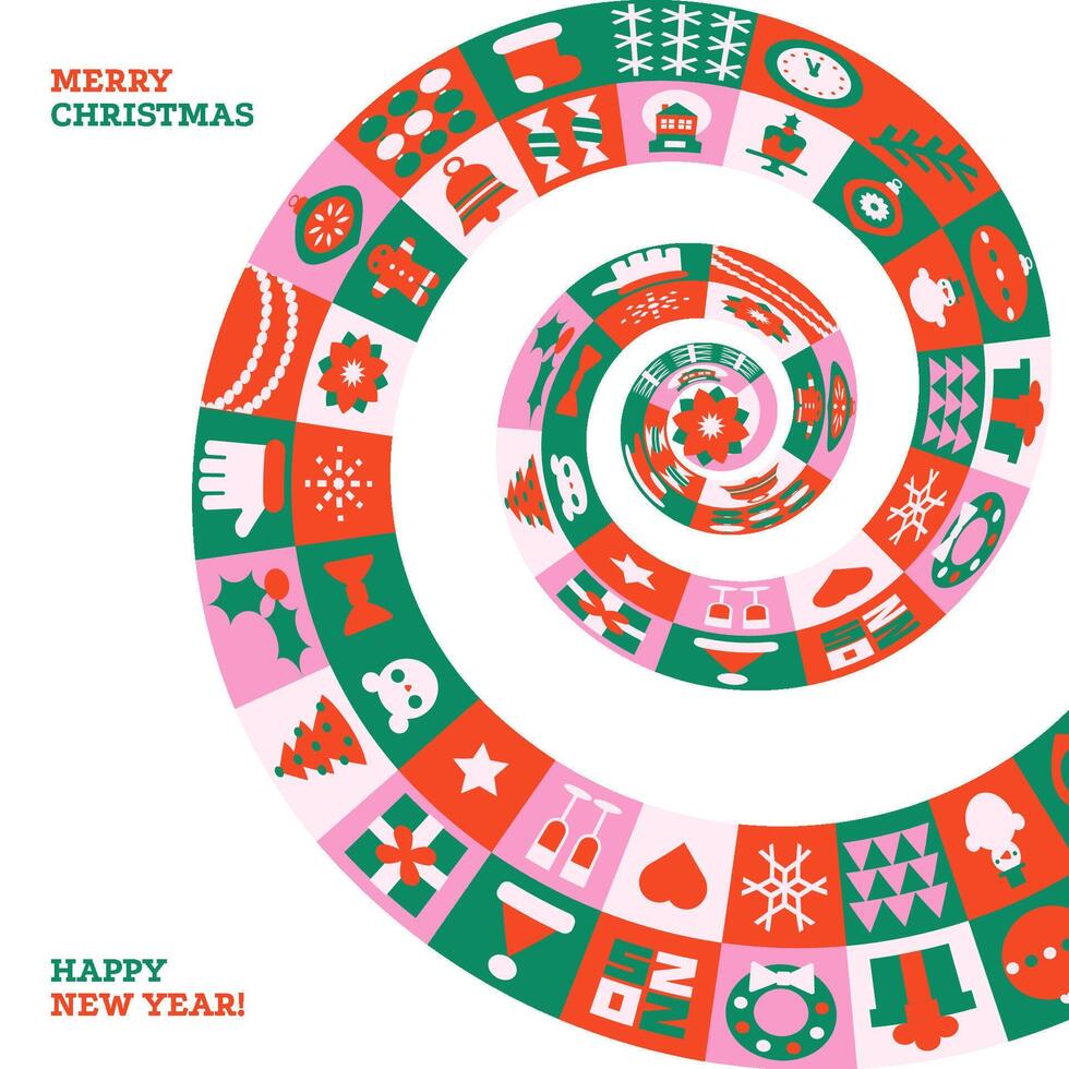 Merry Christmas and Happy New Year 2025 illustration for greeting cards, posters, holiday covers in modern minimalist geometric style. Spiral simple tiles with festive elements. vector