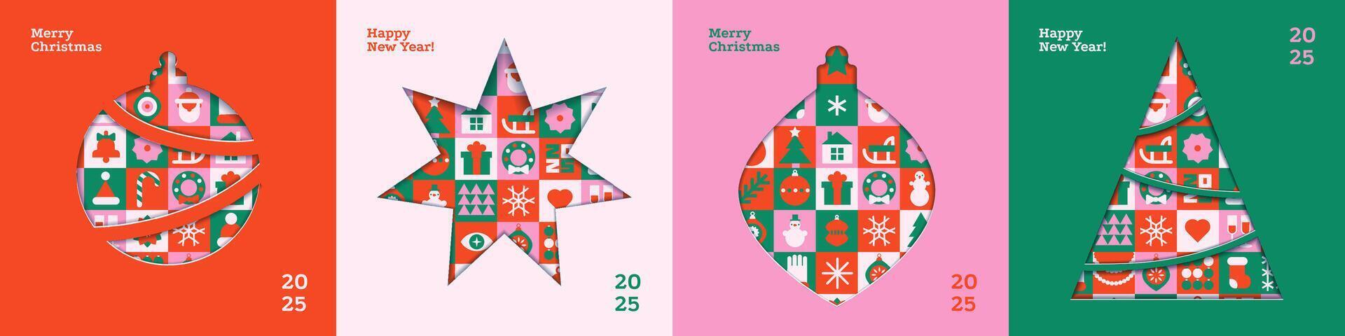 Christmas modern minimalistic card design set in paper cut style with xmas tree, ball, bauble and star silhouettes with shadows. square Christmas posters, holiday covers or banners vector