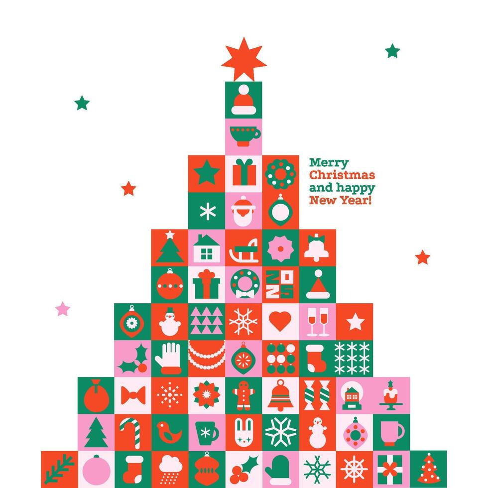 Christmas tree in modern minimalist geometric style. Colorful illustration . Xmas tree made of geometrical patterns and simple festive elements. vector