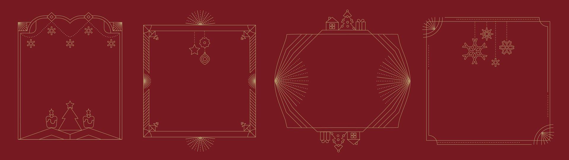 Linear Christmas Art deco frames set. Merry Xmas design for invitations, commercials. Collection of geometric minimal frames. Elegant, luxury printable vector