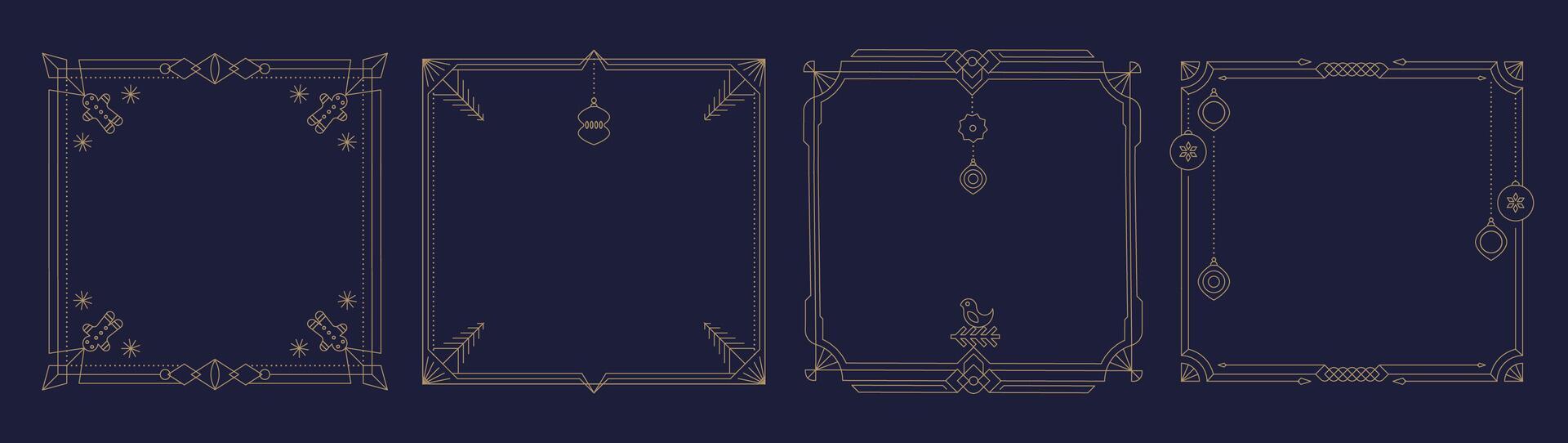 Gold line Christmas square flames in art deco style. Merry Christmas Happy New Year linear frame and geometric background with simple icons. Luxury golden linear illustration. vector