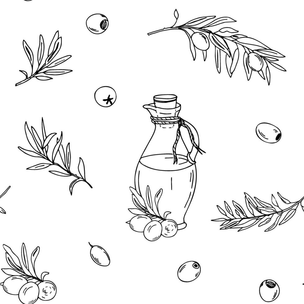 Seamless Pattern with Branches of Olives and Glass Jug with Oil. Ink drawing. Hand drawn Black and white illustration. Can be used for textile, wallpaper prints and packaging. vector