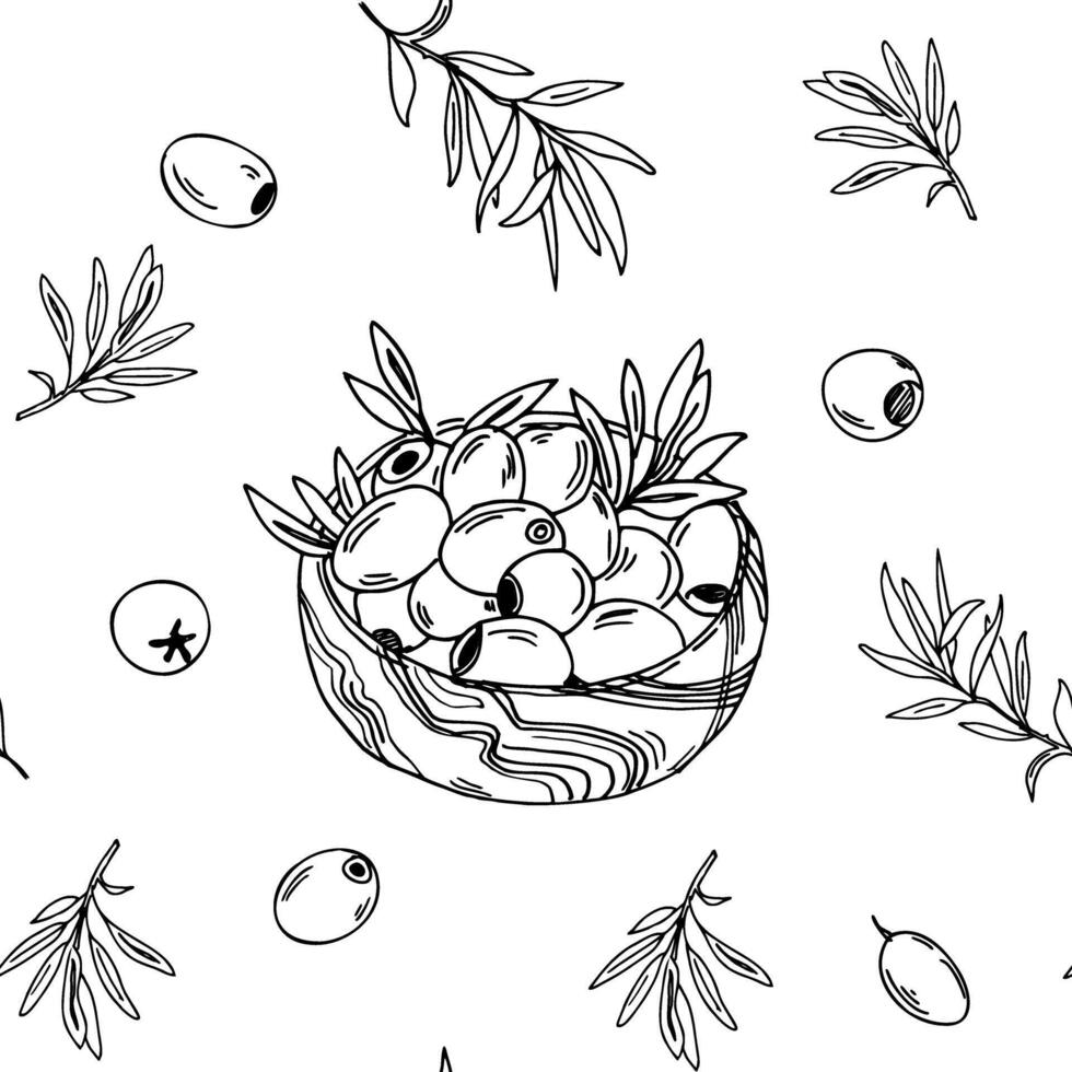 Seamless Pattern with Branches and Olive Fruits in Wooden Bowl. Graphic art. Hand drawn Black and white illustration. Can be used for textile, wallpaper prints and packaging. vector