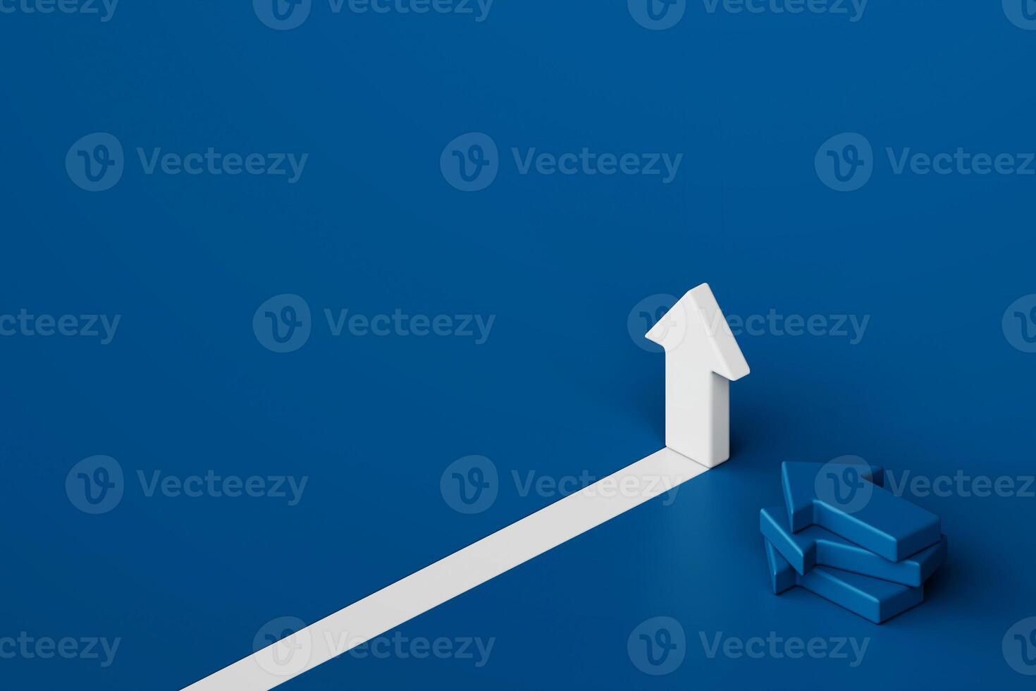 Minimalistic concept of business growth and progress with white arrow on blue background, symbolizing forward movement, success, and direction, 3d rendering photo