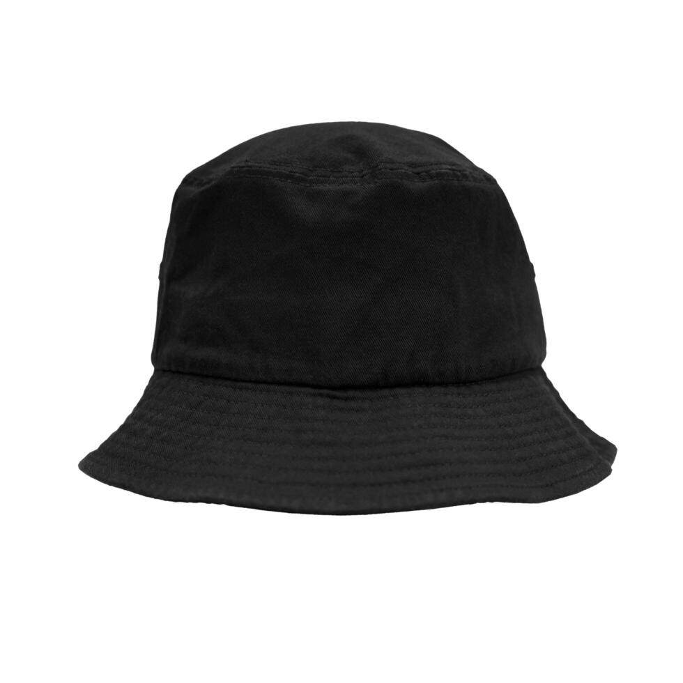 Plain black bucket hat with wide brim perfect for casual attire, outdoor adventures, summer outings, protection from UV rays. photo