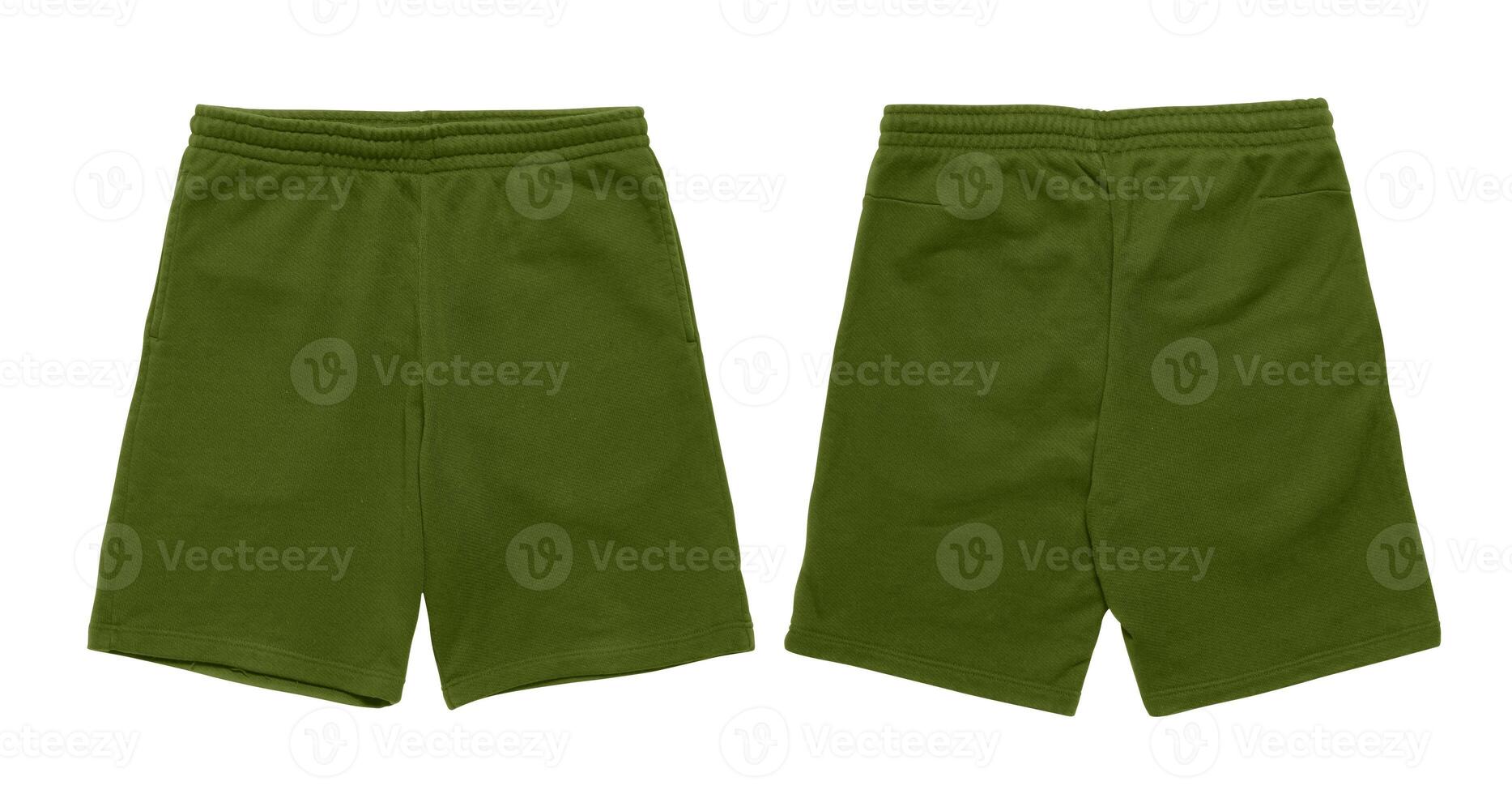 Green drawstring shorts, front and back views. photo