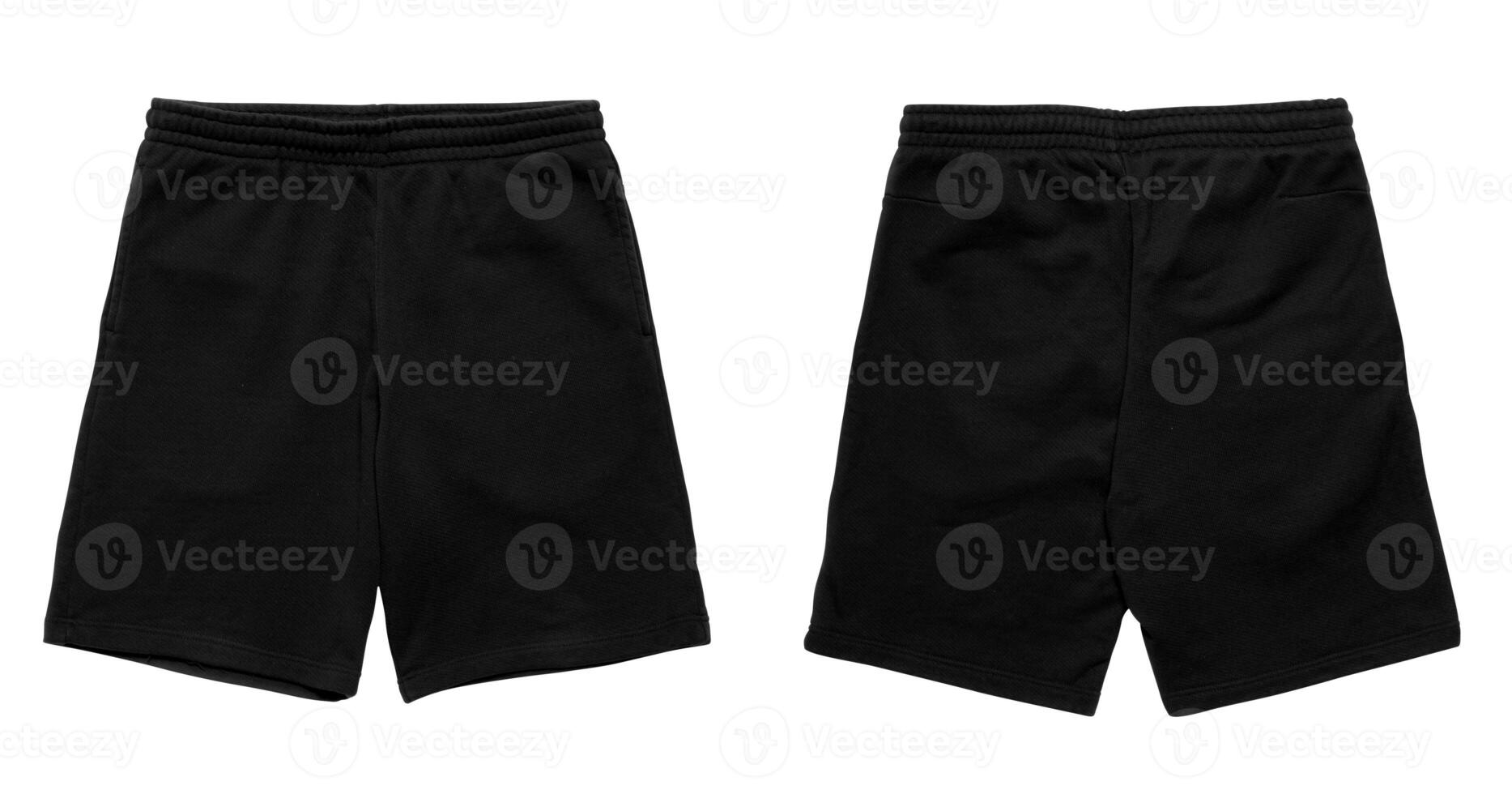 Black sweat shorts, front and back views. photo