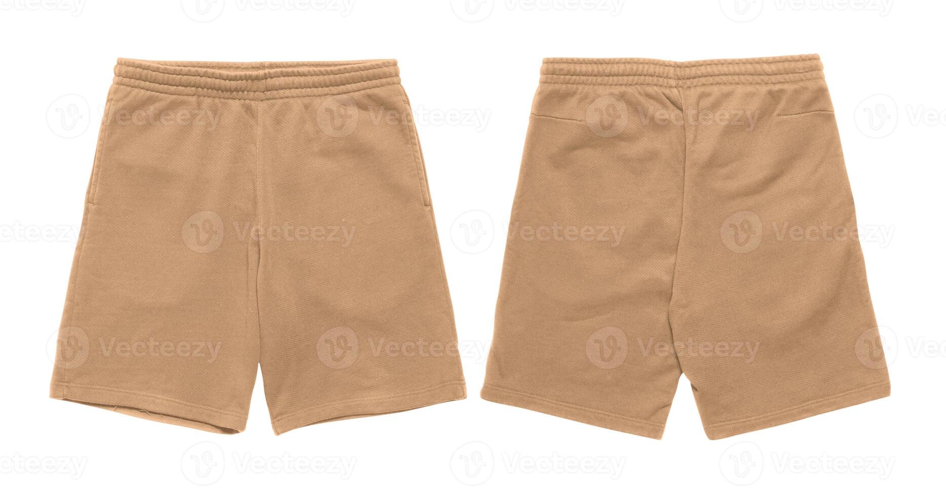 Tan drawstring shorts front and back views. photo
