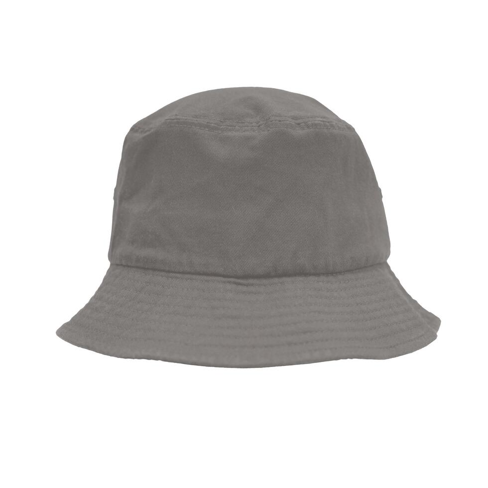 Gray fabric bucket hat with wide brim, perfect for stylish and casual outdoor activities like hiking, beach outings, and picnics. photo