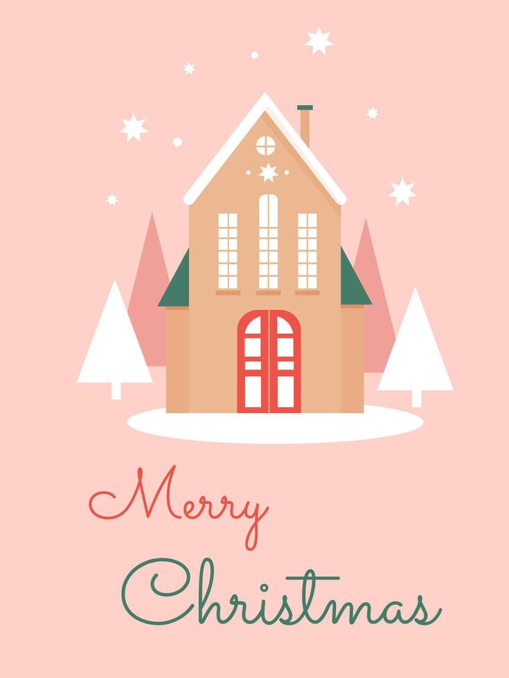 Christmas card with a house in a snowy forest and snowfall vector