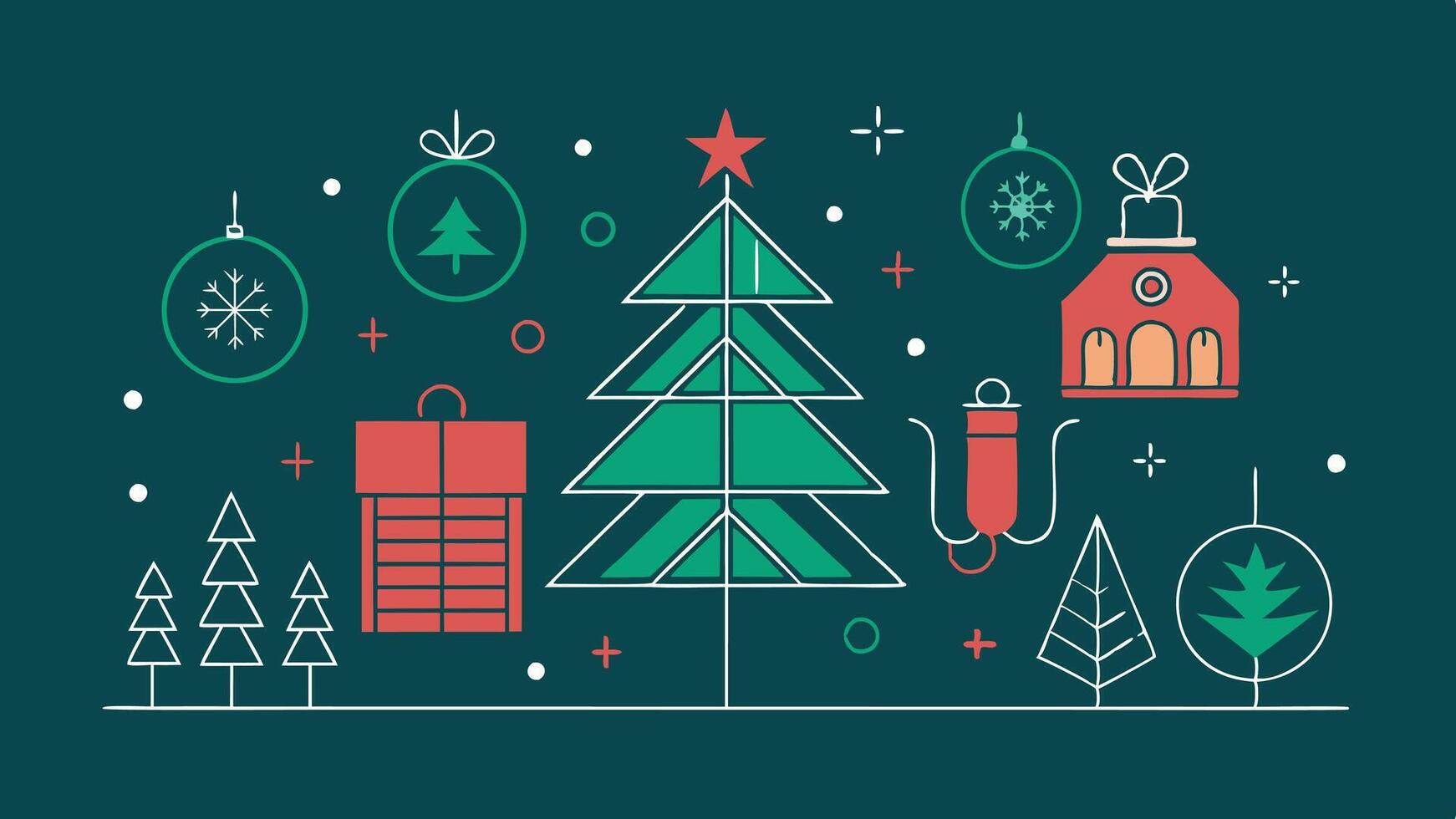 Colorful holiday decorations including a Christmas tree, gifts, and festive elements create a cheerful atmosphere for the holiday season vector