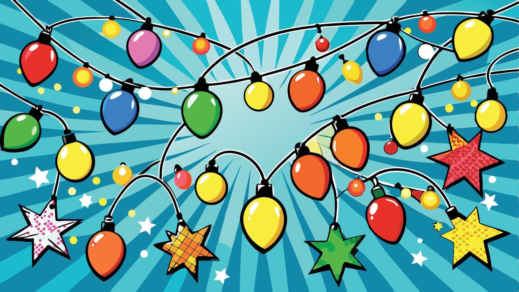 Colorful decorative lights hanging against a vibrant blue background with star patterns during the festive winter season vector