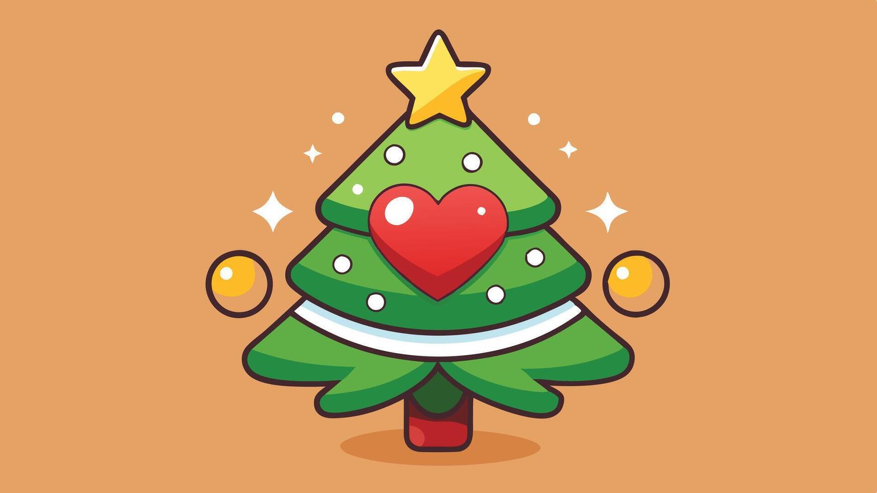 A cheerful cartoon Christmas tree with a smiling face, heart decoration, and snowflakes against a purple background during the festive holiday season vector