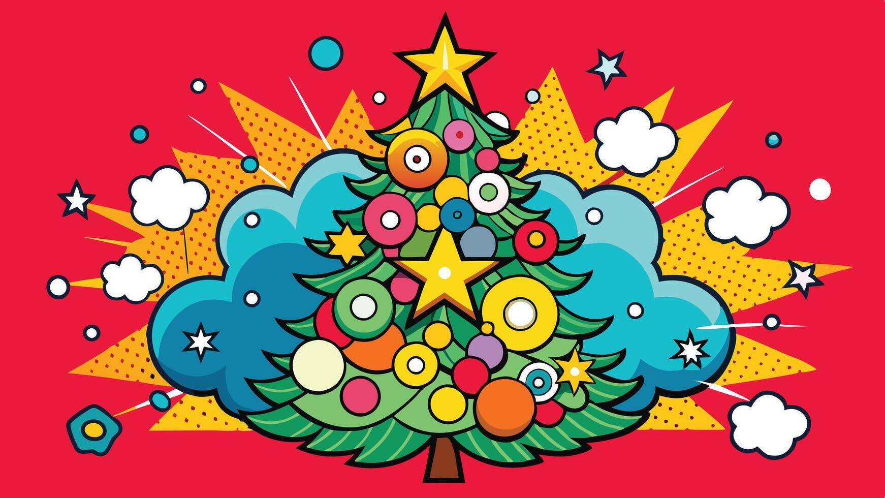 Colorful and vibrant Christmas tree adorned with ornaments and decorations, set against a bright red background with dynamic starburst patterns vector