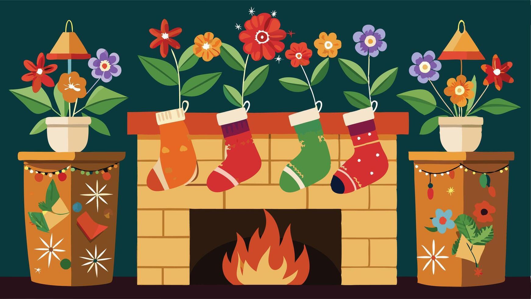 Colorful festive stockings hang above a warm fireplace decorated with flowers and plants during a cheerful holiday gathering vector