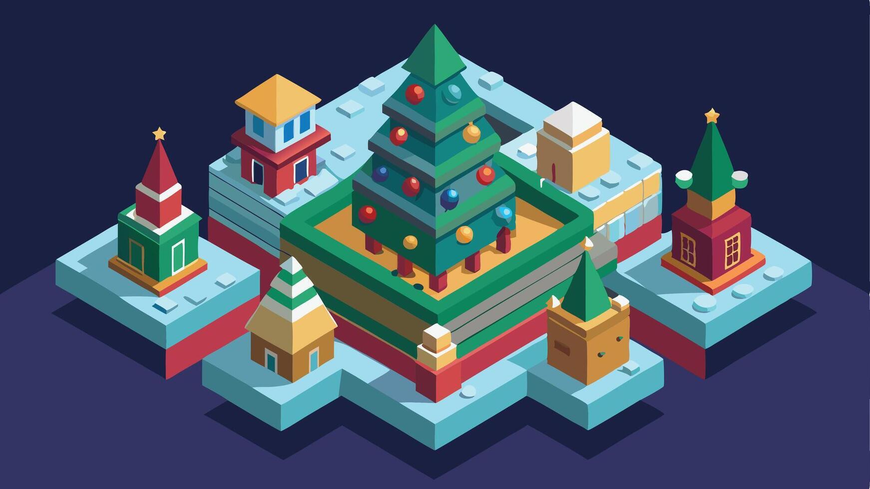 A colorful holiday landscape featuring a beautifully decorated Christmas tree surrounded by presents and festive elements reminiscent of a winter wonderland vector
