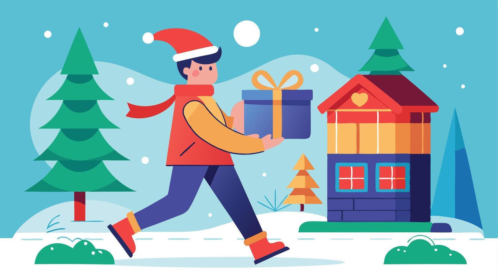A young person in a Santa hat joyfully runs with a gift towards a decorated house during the festive Christmas season in a playful winter landscape vector