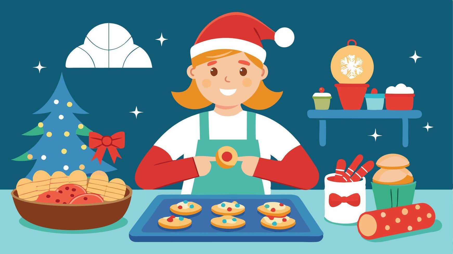 A cheerful child in a red Santa hat baking cookies in a cozy kitchen decorated for the holidays, surrounded by festive treats and bright, colorful utensils vector