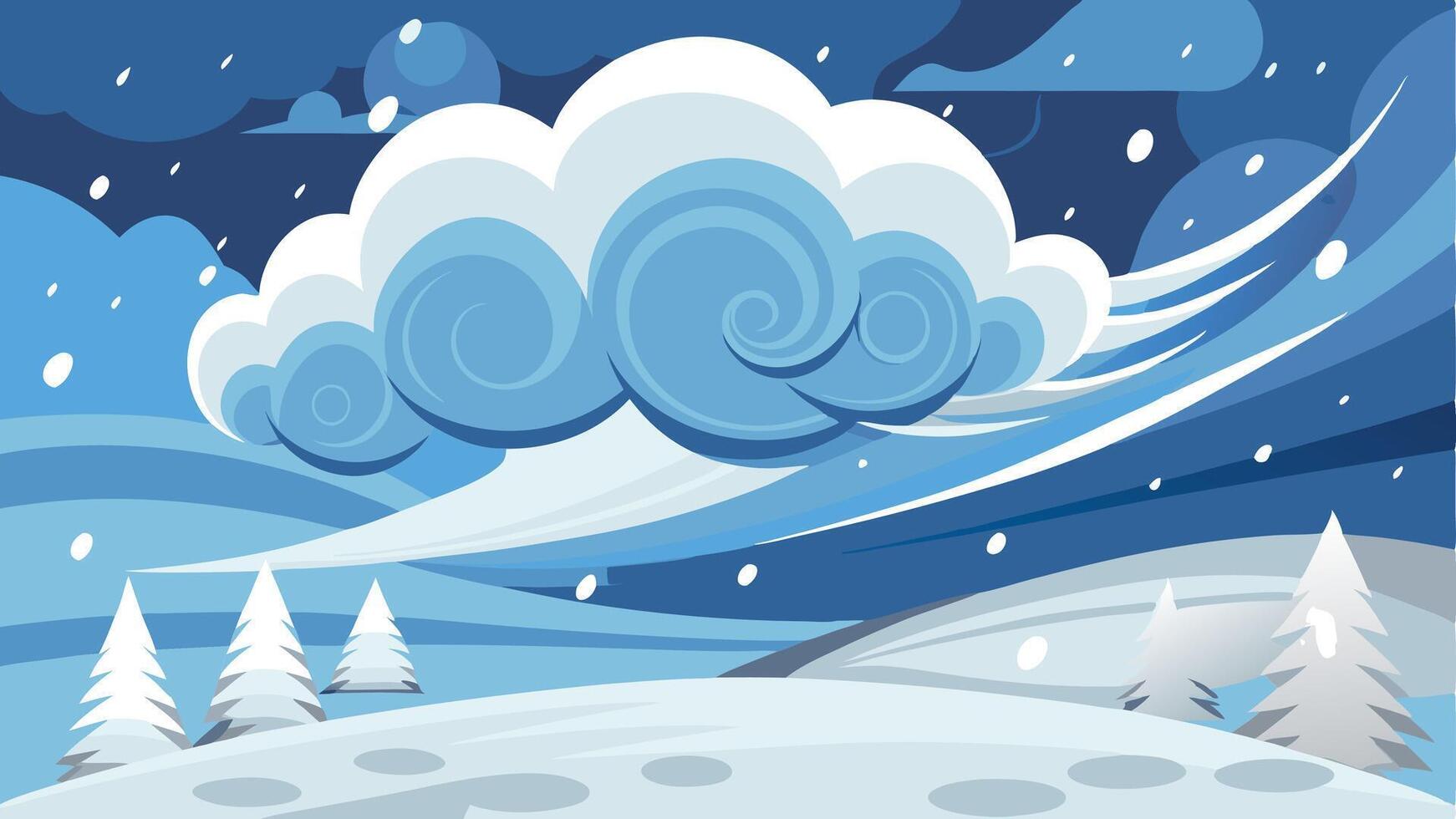 A swirling storm cloud and crashing waves create a dramatic coastal scene during a winter storm along a serene beach vector