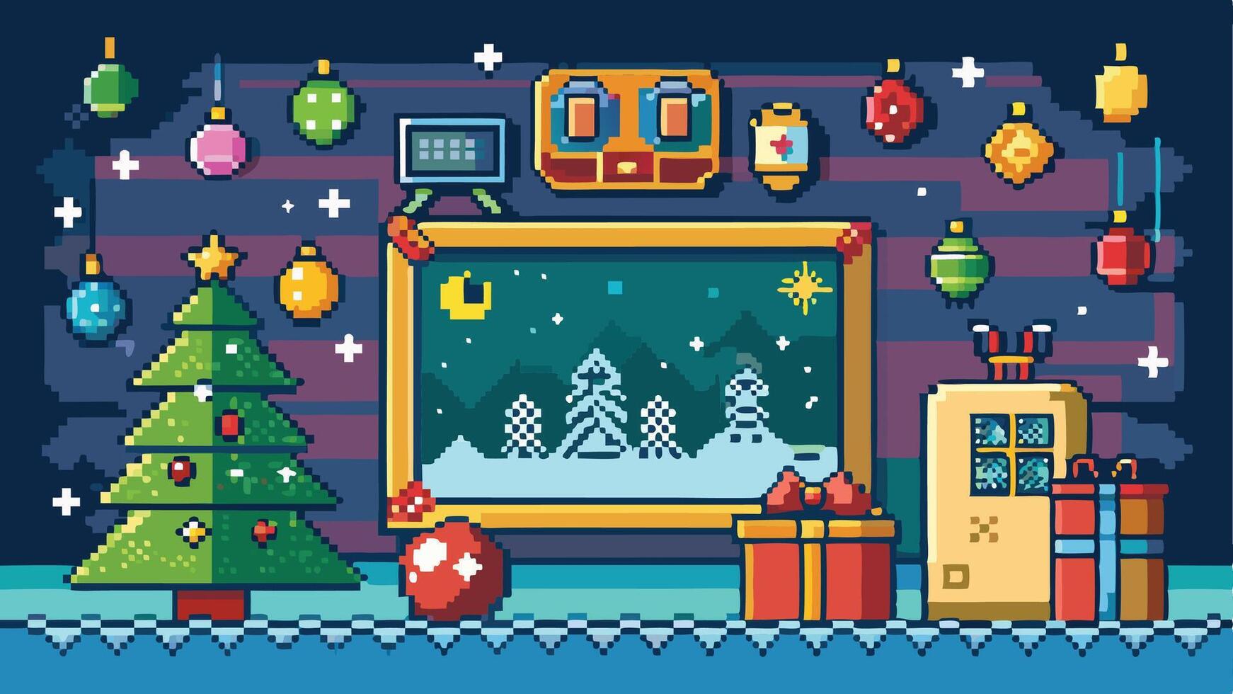 A vibrant pixel art depiction of a cozy Christmas setting featuring a decorated tree, retro television, gifts, and festive elements against a colorful winter night backdrop vector