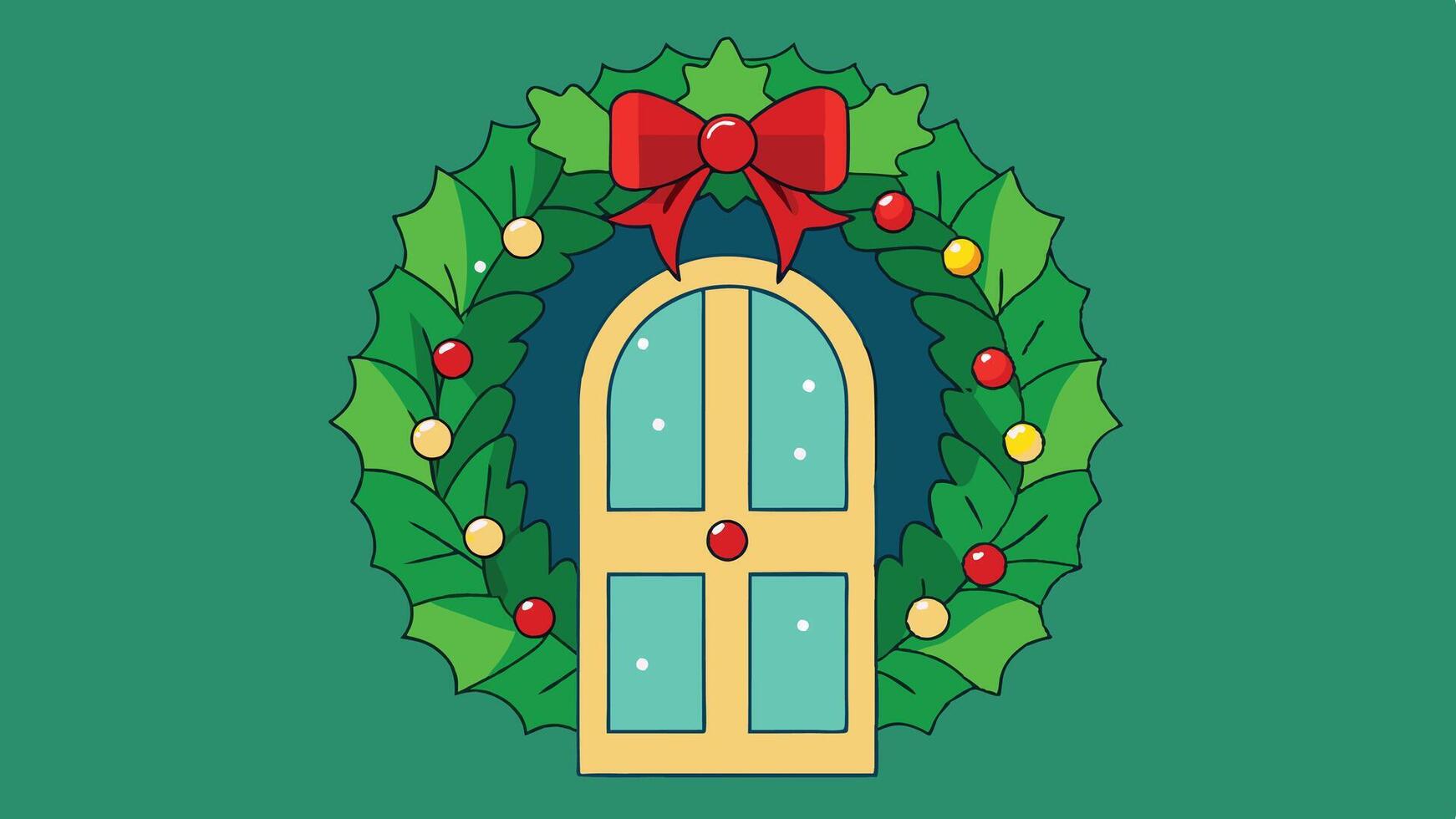 A colorful Christmas wreath adorned with red berries and a golden gift box wrapped in a bright red ribbon, set against a soft yellow background during the festive season vector