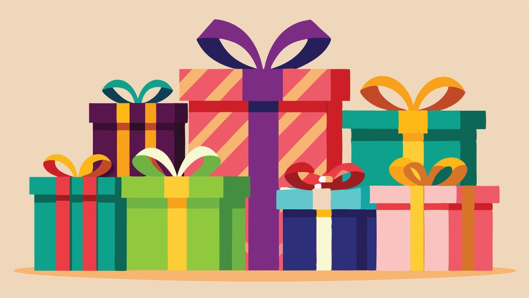 A vibrant assortment of colorful gift boxes stacked together, showcasing various patterns and ribbon colors, perfect for festive celebrations or special occasions vector