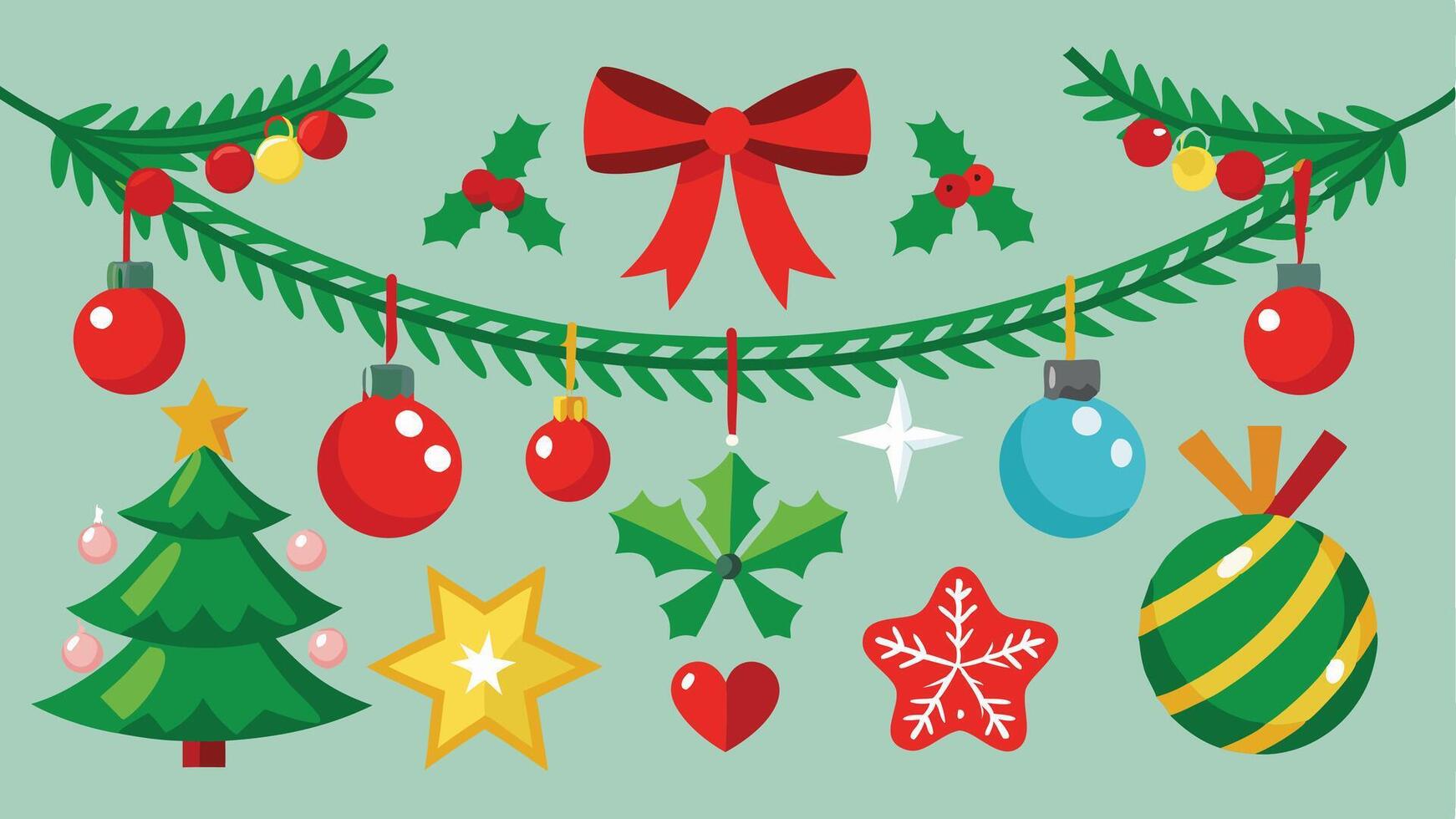 Colorful holiday decorations featuring Christmas trees, ornaments, and garlands set against a light blue background, creating a festive atmosphere for the winter season vector