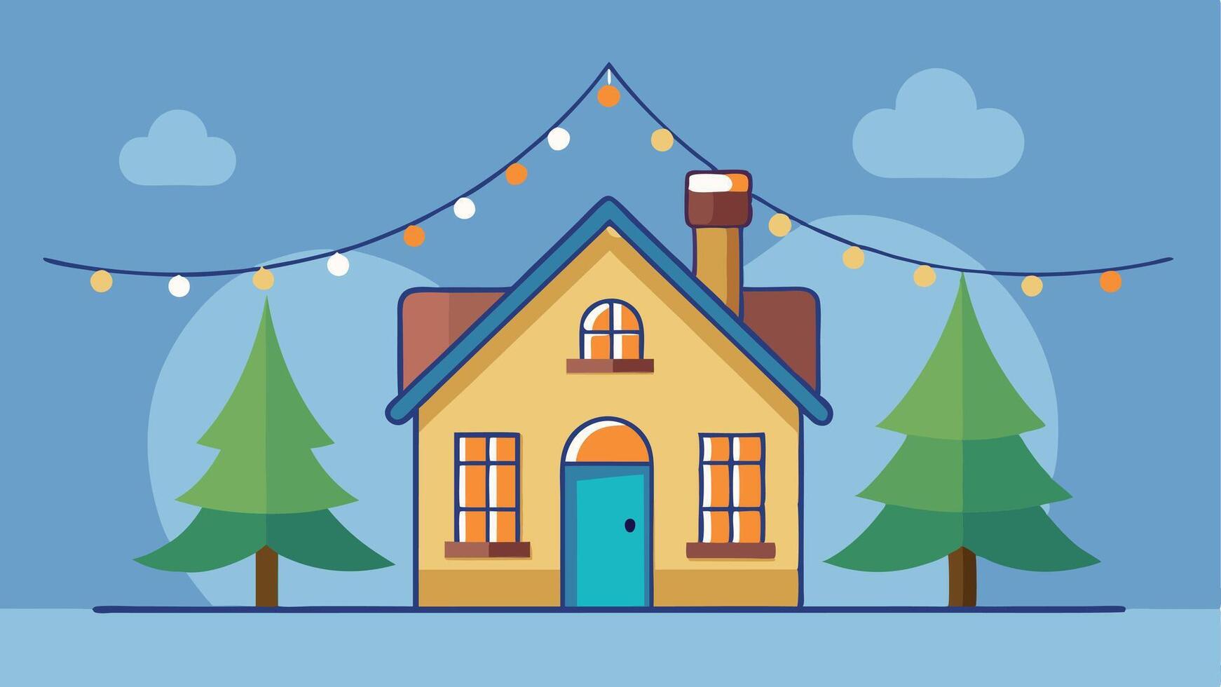A cozy winter house illuminated at night, surrounded by evergreen trees under a starry sky in a peaceful, snowy landscape vector