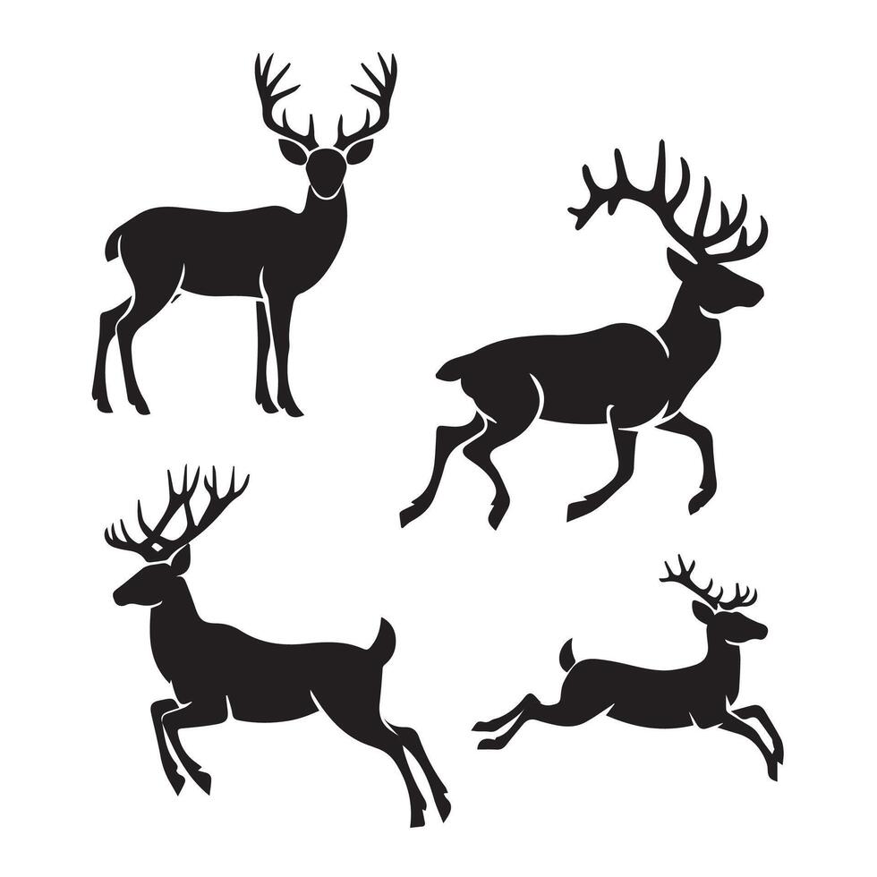 Set of wild deer silhouettes in flat style isolated on white background. illustration vector
