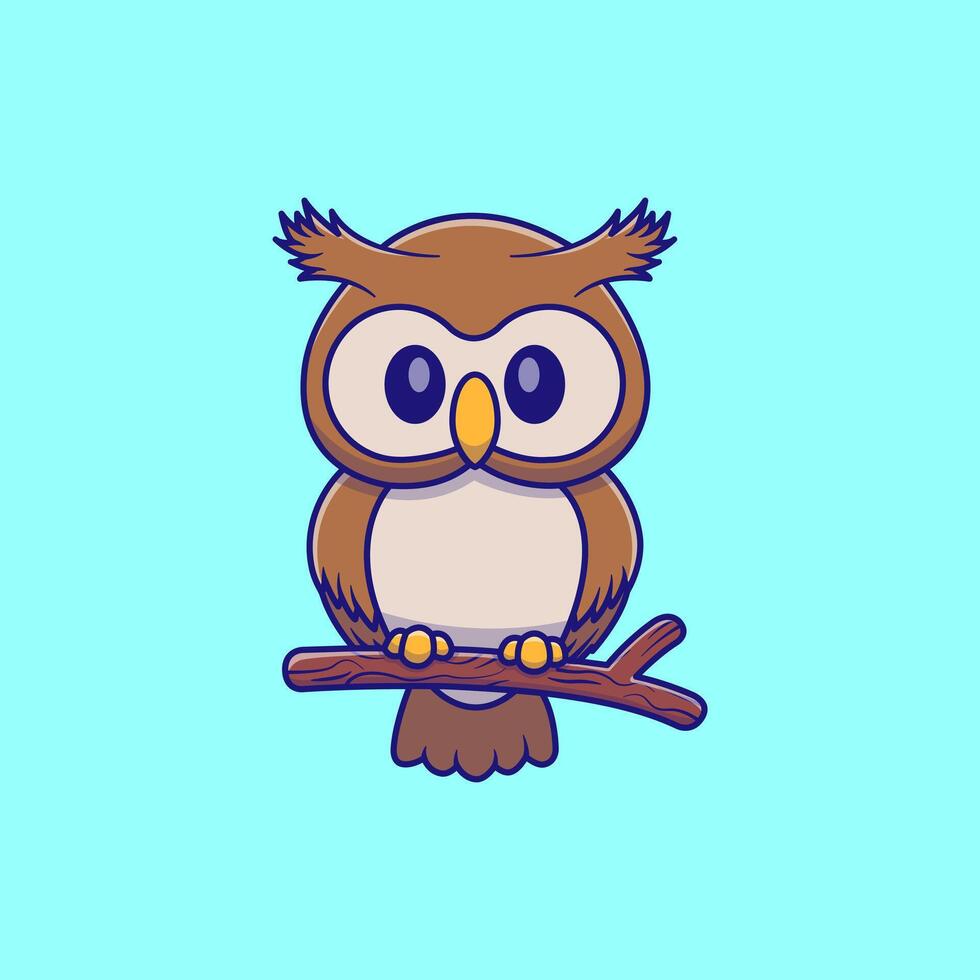 Cute Owl On Branch Cartoon Illustration. Animal Nature Concept. Flat Cartoon Outline Style. vector