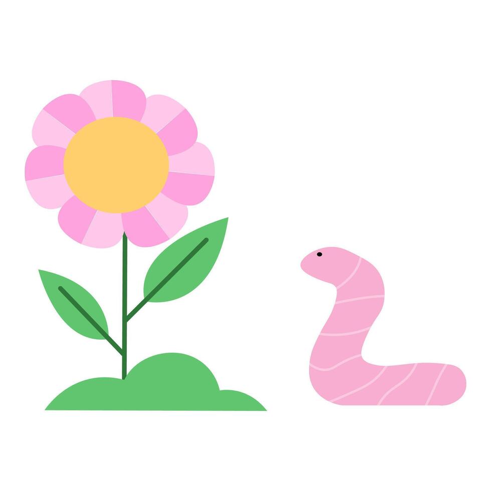 A cute, animated pink worm and a vibrant pink flower in a simple garden setting vector