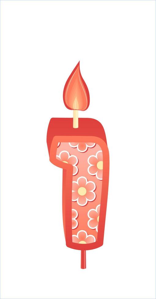 Happy Birthday cake font with pink yellow candle. One year, symbol of number anniversary. Quinceanera girl party decor. Cartoon illustration. vector