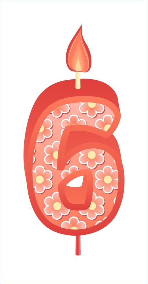 Happy Birthday cake font with pink yellow candle. Six year, symbol of number anniversary. Quinceanera girl party decor. Cartoon illustration. vector