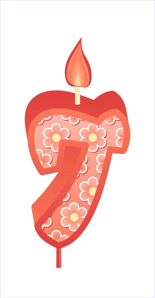 Happy Birthday cake font with pink yellow candle. seven year, symbol of number anniversary. Quinceanera girl party decor. Cartoon illustration. vector