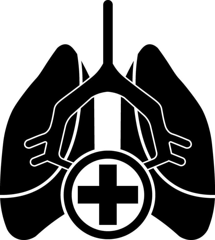 A black and white image of lungs, with a central medical cross vector